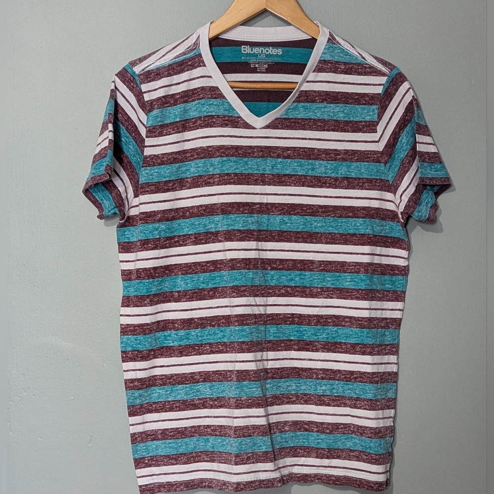 4/$10 ✨ Bluenotes Men's Large Striped V-Neck Tee - Maroon and Teal